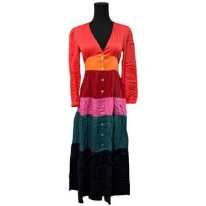 Marine Layer Maeve Color Block Maxi Dress Satin Multicolor Skirt Pockets Size XS